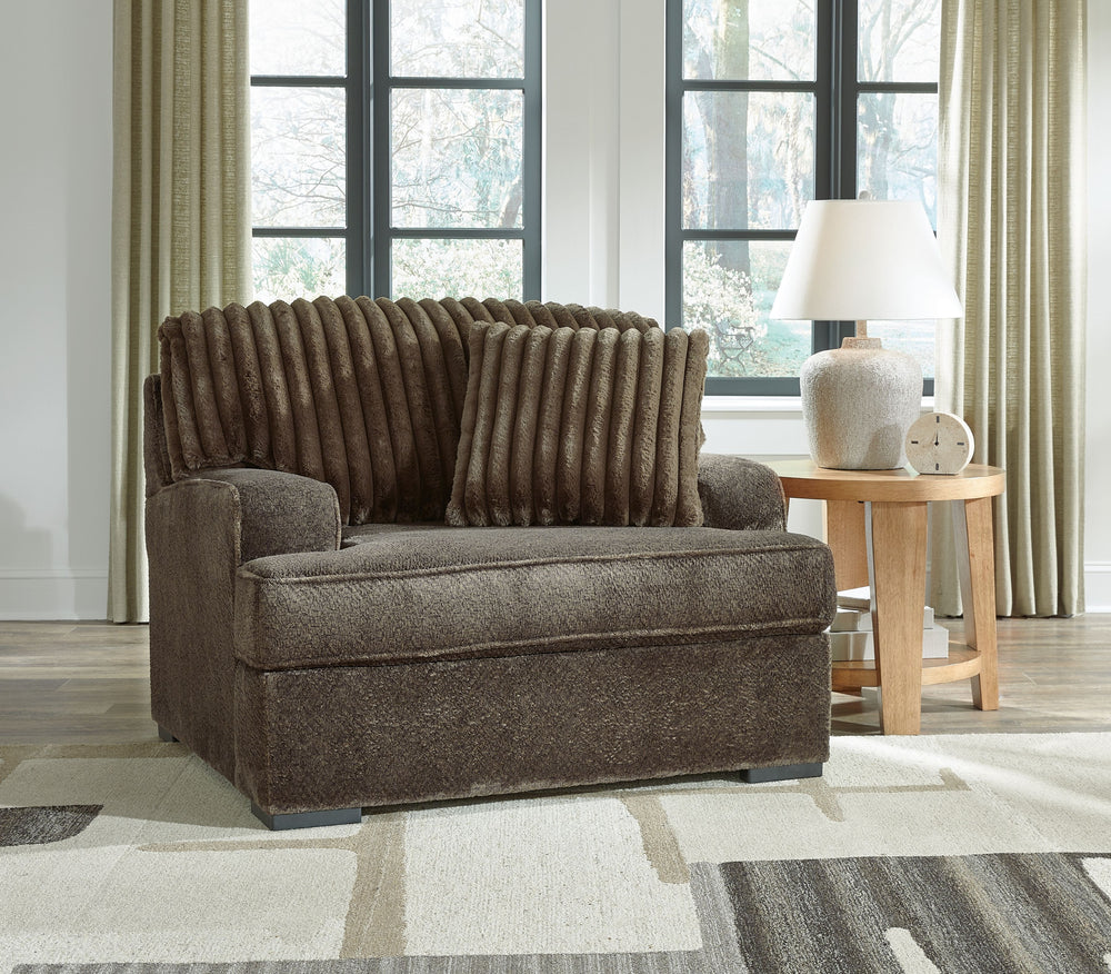 If youâ€™re looking for a blend of extraordinary comfort and contemporary style, the extra-roomy Aylesworth oversized chair stacks up beautifully. Itâ€™s a modern yet ultra-soft look pairing plush textured and on-trend corduroy cushions that feel as great