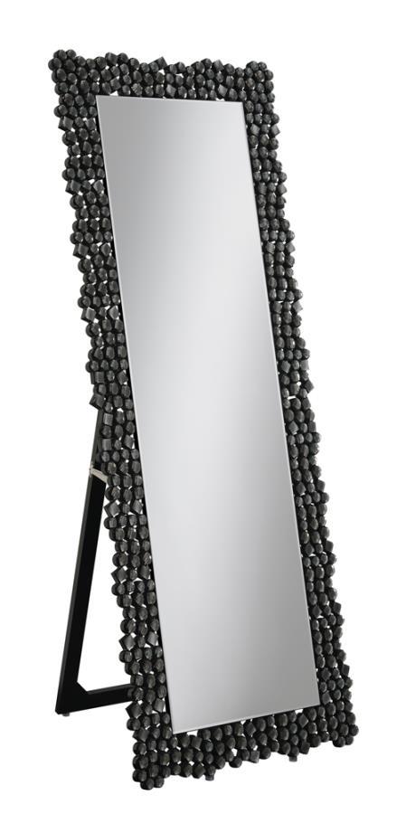 This standing mirror brings bold dimension and sparkle with its dramatic frame of faceted acrylic crystals. Designed to stand freely with an integrated easel back, it delivers a full-length view while doubling as a decorative statement. The crystal-like a