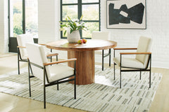 Urban Contemporary design. Made with solid Shesham wood, veneer and MDF substrate. Finished in a clear natural wood tone to enhance the rich natural beauty of the wood. Round dining table features a thick solid wood top set on a sturdy round pedestal for 