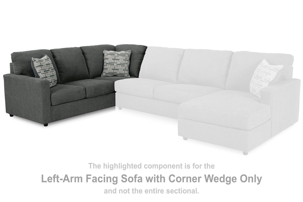This left-arm facing sofa with corner wedge is made with polyester upholstery. Pairs with other items in the series to make a sectional.<br><br><b>Additional Dimensions</b><br><ul><li>Arm height: 25-"</li><li>Seat height: 19-"</li><li>Top of cushion to to