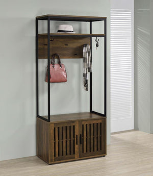  this hall tree features a lower cabinet and upper board made of rich dark pine finish wood products. 