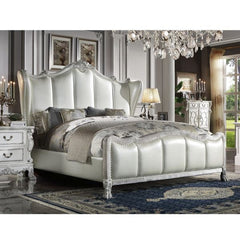 The Dresden II bedroom collection is exclusively designed and filled with romantic spirit. The pieces are crafted and inspired by the luxurious designs of the past, the gorgeous bed features a stunning champagne PU wingback headboard, and a nailhead trim 