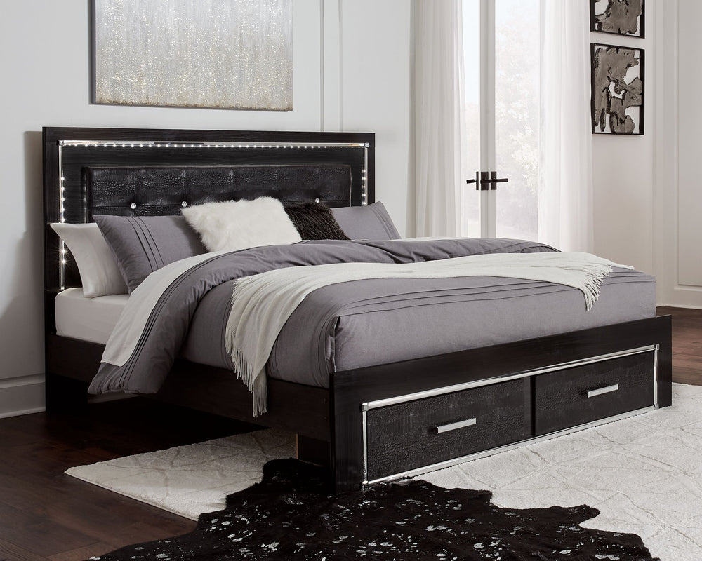 Rest easy. The luxurious look youâ€™ve been dreaming of is yours for the takingâ€”at a price sure to put you at ease. This storage bed brings a sense of old Hollywood with a contemporary flair. A deep, dark finish, faceted chrome-tone accents and LED ligh