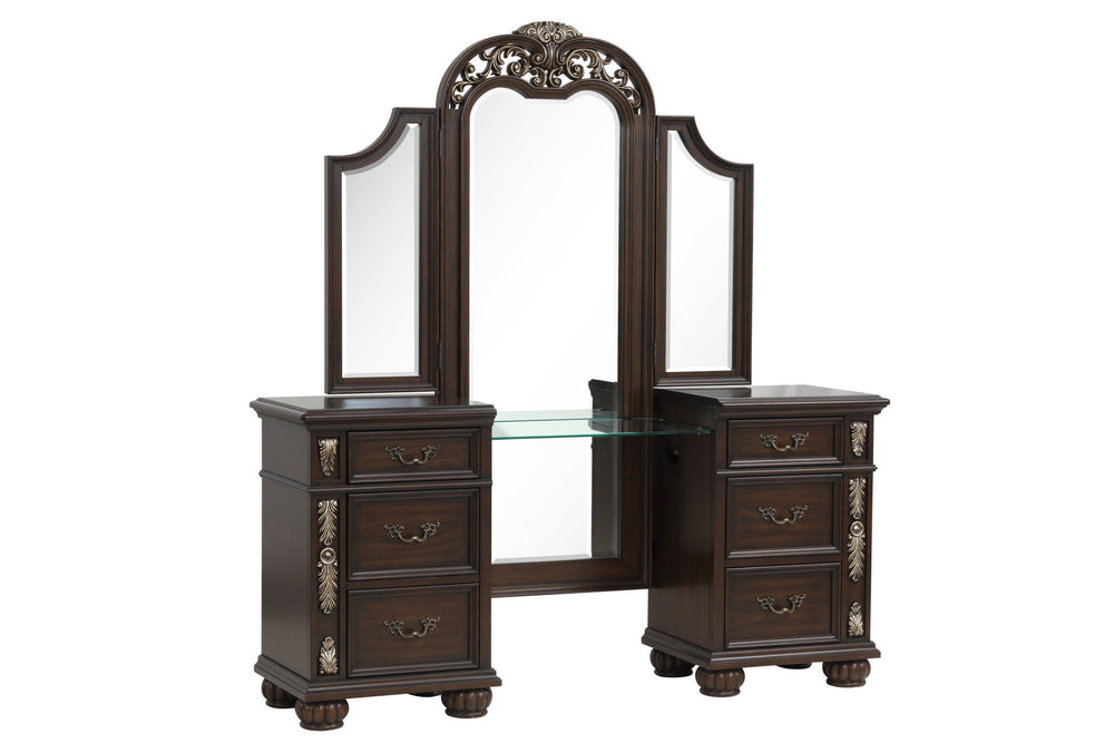 The Royal Classics Maximus Vanity Table in Madeira Brown is a perfect blend of timeless elegance and modern functionality. Meticulously crafted from solid poplar and premium birch veneers, this vanity table is designed for enduring beauty and durability, 