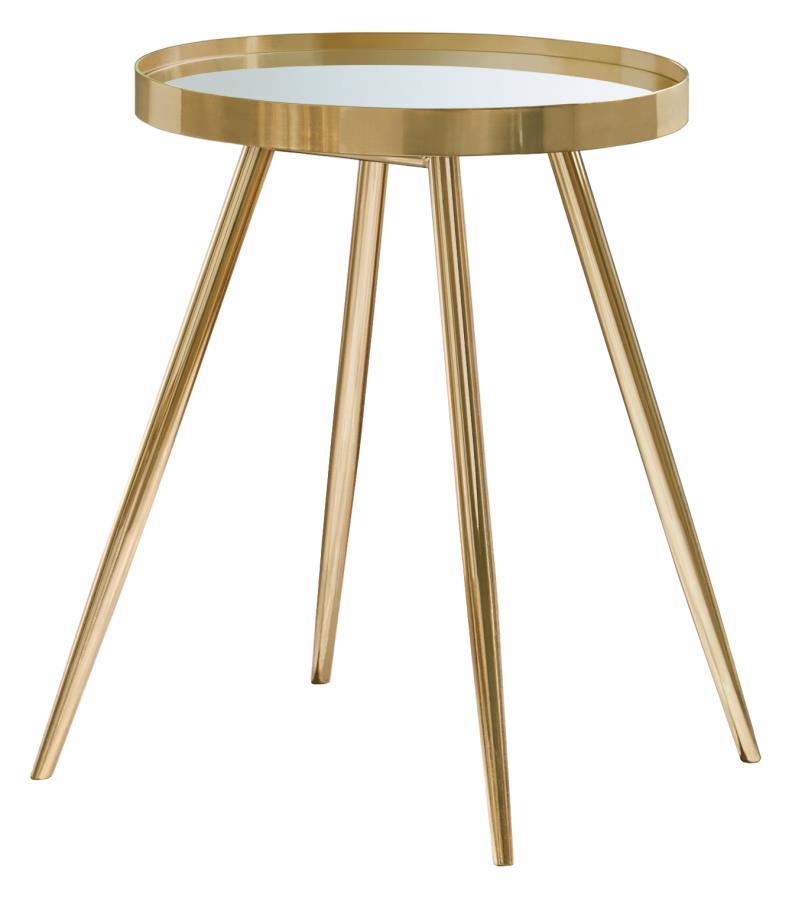 This elegant end table features a round top with a recessed mirrored surface, providing a sleek and reflective finish. The sturdy metal frame is finished in gold electroplated metal, enhancing its modern, polished look. Its four angled legs offer stabilit