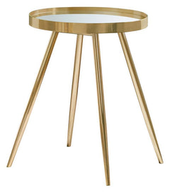 This elegant end table features a round top with a recessed mirrored surface, providing a sleek and reflective finish. The sturdy metal frame is finished in gold electroplated metal, enhancing its modern, polished look. Its four angled legs offer stabilit