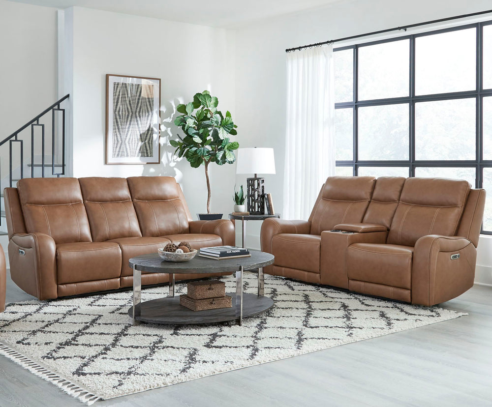 Covered in rich Butternut leather with a custom match, the Haywood Power Sofa Group offers the ultra comfortable feel of classic motion upholstery with updated modern touches. Bold padded contoured arms add an element of softness while the contrasting dec