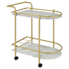 Invite guests over for an intimate soiree and serve up cocktails on this contemporary bar cart. Classic faux white marble shelves stack on top of one another, lending a traditional approach to its sleek modern silhouette. Rounded edges on one side add to 