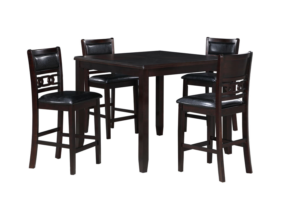 Complete your dining space with the New Classic Furniture Gia 5-Piece Wood Square Counter Dining Set, a harmonious blend of durability and beauty. Crafted from solid Rubberwood and Mindi veneers, this set is designed to withstand the test of time. The dee