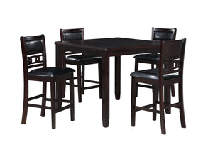 Complete your dining space with the New Classic Furniture Gia 5-Piece Wood Square Counter Dining Set, a harmonious blend of durability and beauty. Crafted from solid Rubberwood and Mindi veneers, this set is designed to withstand the test of time. The dee