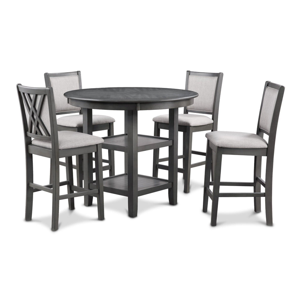 The Amy 5-piece counter dining set is meticulously crafted of solid Rubberwood and Mindi veneers creating a durable and visually appealing dining set. The contemporary gray finish, achieved through a multistep process, gracefully adorns both the chairs an