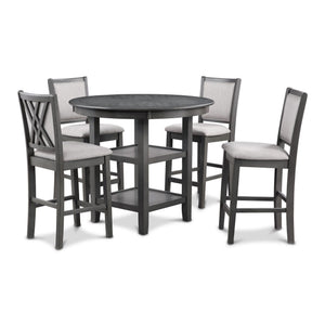 The Amy 5-piece counter dining set is meticulously crafted of solid Rubberwood and Mindi veneers creating a durable and visually appealing dining set. The contemporary gray finish, achieved through a multistep process, gracefully adorns both the chairs an