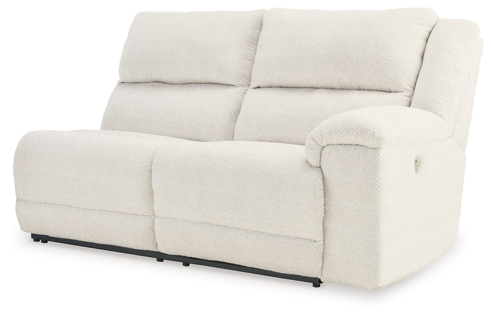 This right-arm facing power reclining loveseat is made with polyester upholstery. Pairs with other items in the series to make a sectional.<br><br><b>Additional Dimensions</b><br><ul><li>Arm height: 26-"</li><li>Seat depth: 22-"</li><li>Seat height: 21-"<