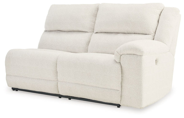 This right-arm facing power reclining loveseat is made with polyester upholstery. Pairs with other items in the series to make a sectional.<br><br><b>Additional Dimensions</b><br><ul><li>Arm height: 26-"</li><li>Seat depth: 22-"</li><li>Seat height: 21-"<