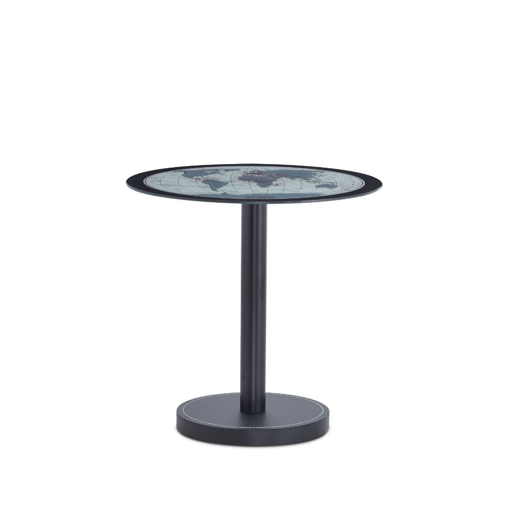 Offer the world at your finger tips, well at least a lay out of it, with the Boli side table. The glass top includes a map pattern, so no worries about coasters. The top sets on a healthy scaled post and thick round base. Brush up on your geography and ge