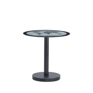 Offer the world at your finger tips, well at least a lay out of it, with the Boli side table. The glass top includes a map pattern, so no worries about coasters. The top sets on a healthy scaled post and thick round base. Brush up on your geography and ge