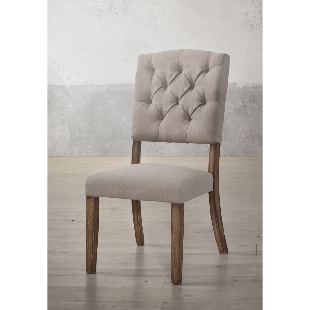 KD, Armless Chair (High Back) Stationary Seat: Standard Dining Height Padded SEAT & BACK: Cream Linen () Backrest Design: Button Tufted (Inside), Wood Post Support Construction Seat: Padded Apron Seat, Box Seat Construction, Foam 4-" Wooden Tapered Leg, L