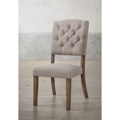 KD, Armless Chair (High Back) Stationary Seat: Standard Dining Height Padded SEAT & BACK: Cream Linen () Backrest Design: Button Tufted (Inside), Wood Post Support Construction Seat: Padded Apron Seat, Box Seat Construction, Foam 4-" Wooden Tapered Leg, L