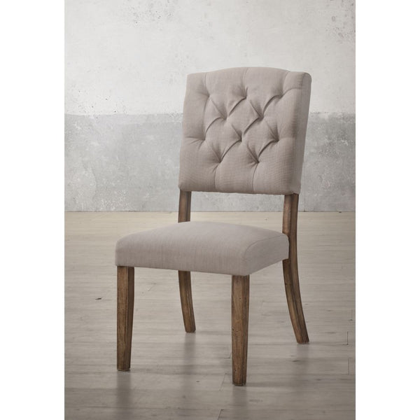 KD, Armless Chair (High Back) Stationary Seat: Standard Dining Height Padded SEAT & BACK: Cream Linen () Backrest Design: Button Tufted (Inside), Wood Post Support Construction Seat: Padded Apron Seat, Box Seat Construction, Foam 4-" Wooden Tapered Leg, L