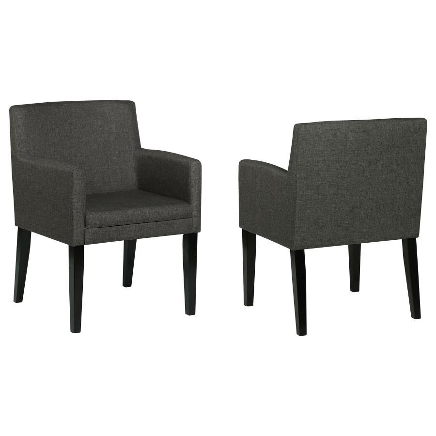 Enhance your casual dining room with these stylish mid-century-inspired dining chairs. Featuring cushioned arms wrapped in durable charcoal grey fabric, they offer both comfort and style. The sleek design and versatile color effortlessly complement any di