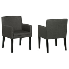 Enhance your casual dining room with these stylish mid-century-inspired dining chairs. Featuring cushioned arms wrapped in durable charcoal grey fabric, they offer both comfort and style. The sleek design and versatile color effortlessly complement any di