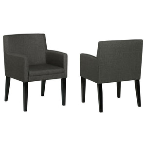Enhance your casual dining room with these stylish mid-century-inspired dining chairs. Featuring cushioned arms wrapped in durable charcoal grey fabric, they offer both comfort and style. The sleek design and versatile color effortlessly complement any di