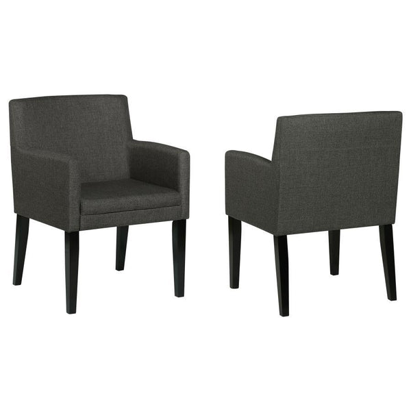 Enhance your casual dining room with these stylish mid-century-inspired dining chairs. Featuring cushioned arms wrapped in durable charcoal grey fabric, they offer both comfort and style. The sleek design and versatile color effortlessly complement any di