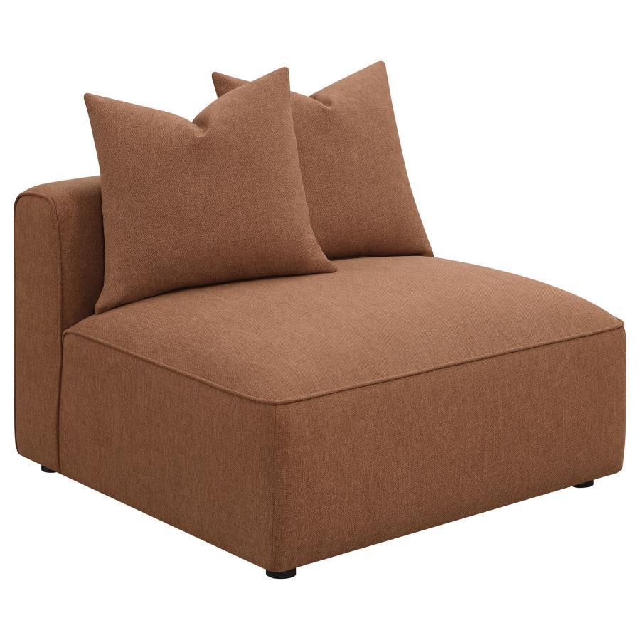 Elevate your modern seating area with this contemporary modular armless chair, upholstered in a soft terracotta trillium polyester blend fabric across its tailored tight back, thick cushion and matching throw pillows. Self-welt trim along the seat edge an