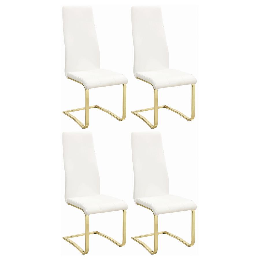This dining chair brings a sleek, modern aesthetic to any dining space. Its cantilever design offers a floating effect, supported by sturdy gold electroplated metal legs for a luxurious touch. Upholstered in smooth white faux leather, the high backrest an
