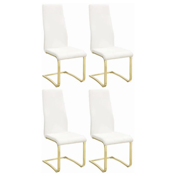 This dining chair brings a sleek, modern aesthetic to any dining space. Its cantilever design offers a floating effect, supported by sturdy gold electroplated metal legs for a luxurious touch. Upholstered in smooth white faux leather, the high backrest an