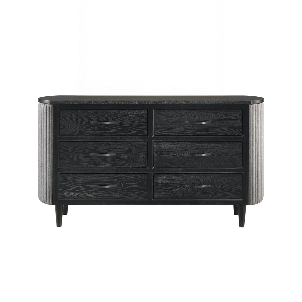 The Skyline 6-Drawer Dresser in Onyx blends modern design with functionality, making it a statement piece. Built from solid Rubberwood, engineered woods, and Ash veneers, itâ€™s sleek and durable. The Onyx Black finish with gray glazing enhances the wood 