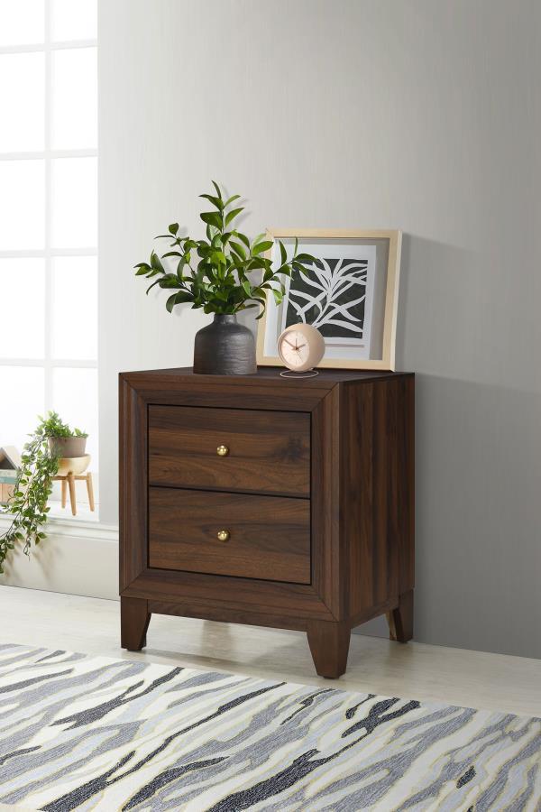 Introduce a sense of richness and depth to your bedside with a modern two-drawer nightstand. Crafted in durable laminate with a walnut finish, it lends warmth and stylish flair. A pair of drawers create ample space for bedside essentials, everything from 