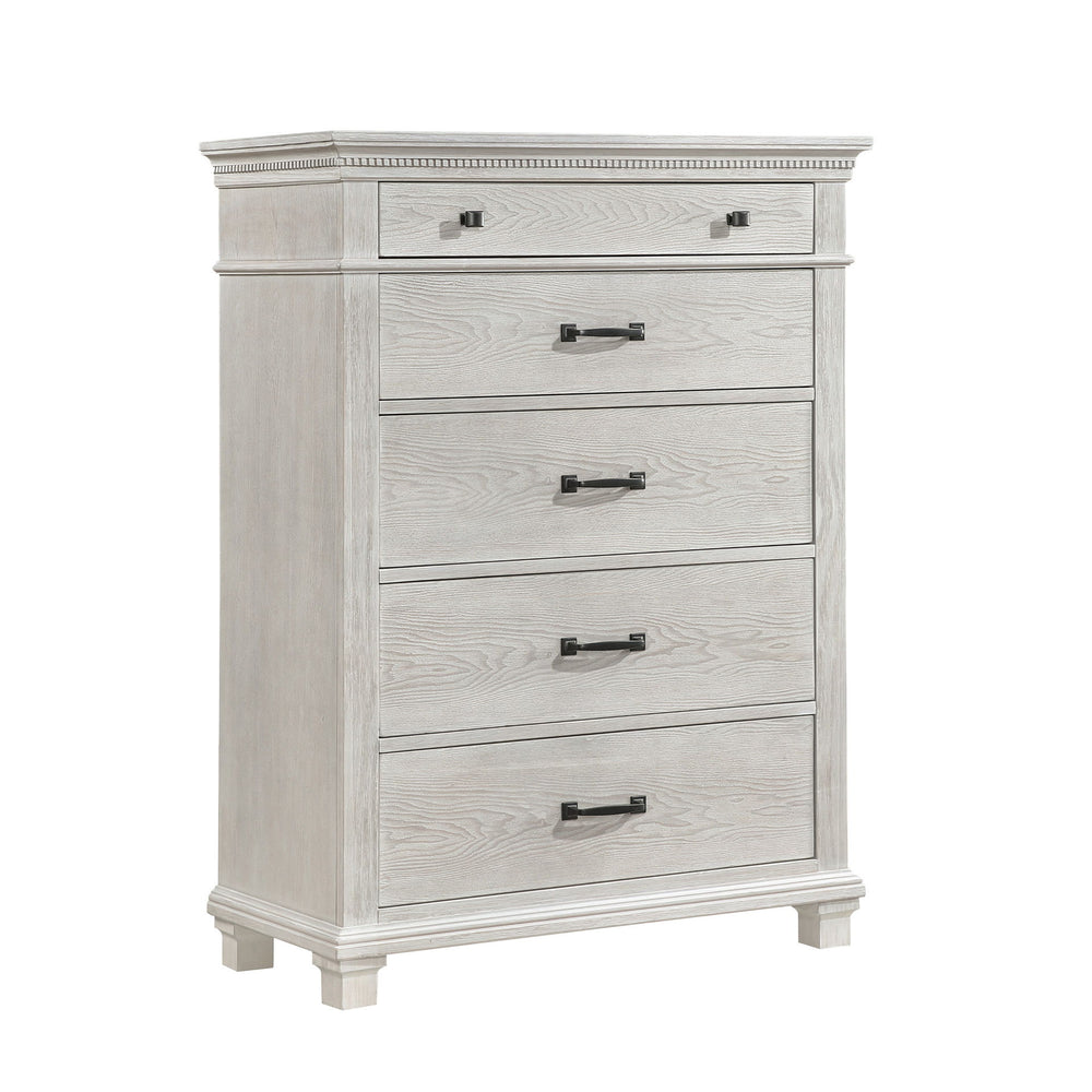 The Silver Sands Chest is built with durable, quality construction using solid pine, manufactured woods, and oak wood veneers, ensuring a strong and stable piece. Its transitional style blends clean, simple lines with a rustic wood finish, creating a calm
