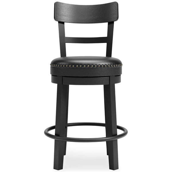  table or counter with this upholstered swivel bar stool. The sturdy wood frame with contoured backrest is beautified with an antiqued black finish thatâ€™s a welcome change from the everyday ordinary. For your co