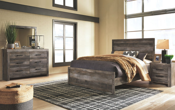 Rustic gray planked replicated oak grain with authentic touch. Large scaled dark colored hooded pull. Sticks across headboard give a thick planked look. Side roller glides for smooth operating drawers. Cases feature a framed front and pilasters. Large dra