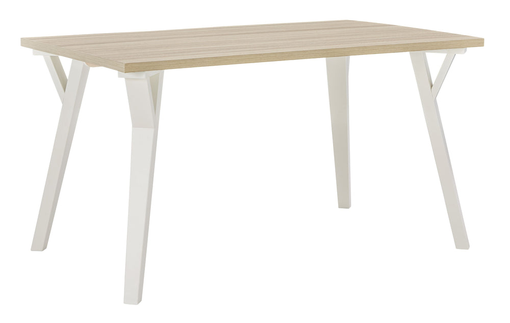 Bring light to your dining area with clean lines and a bright two-tone finish. The rectangular dining table sports stylized saber legs in a white finish for beautiful simplicity. The MEGA-TUFFÂ® melamine top in a light tan color provides additional durabi