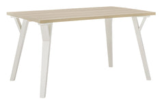 Bring light to your dining area with clean lines and a bright two-tone finish. The rectangular dining table sports stylized saber legs in a white finish for beautiful simplicity. The MEGA-TUFFÂ® melamine top in a light tan color provides additional durabi
