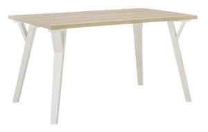 Bring light to your dining area with clean lines and a bright two-tone finish. The rectangular dining table sports stylized saber legs in a white finish for beautiful simplicity. The MEGA-TUFFÂ® melamine top in a light tan color provides additional durabi