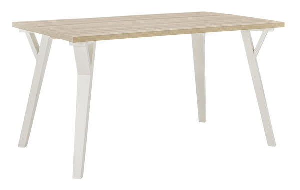 Bring light to your dining area with clean lines and a bright two-tone finish. The rectangular dining table sports stylized saber legs in a white finish for beautiful simplicity. The MEGA-TUFFÂ® melamine top in a light tan color provides additional durabi