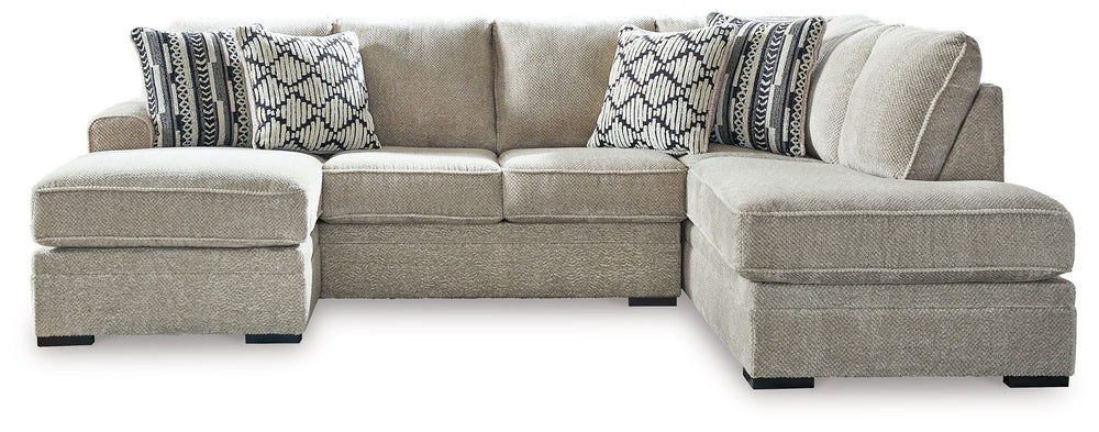 This sectional caters to your need for contemporary comfort. Itâ€™s decked out in feel-good fabric in a versatile hue. Family-friendly and ideal for hosts with the most, two chaises give more people the space the sprawl out. Quality time has never been so