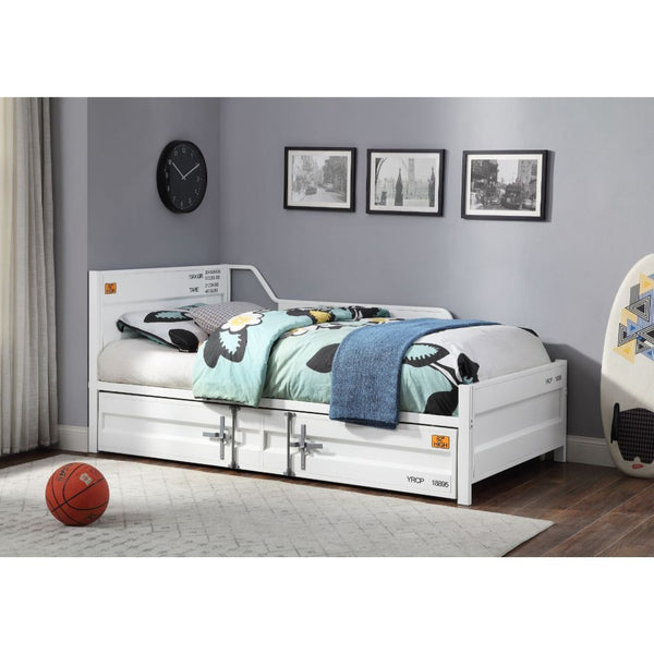 The Cargo youth bed is The perfect addition to any child-'s room. This contemporary container themed metal bed features a panel headboard with low profile footboard, crafted with a timeless look that is an ideal addition to any bedroom. The bed is accente