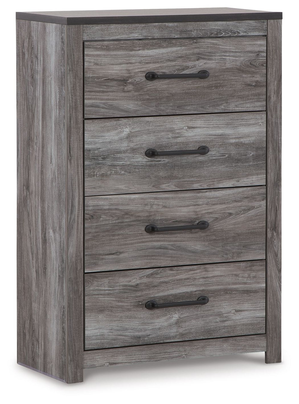 Alluring smoky gray hues create an ambiance that just feels right. This 4-drawer chest has a charming wood-like appeal enriched by a two-tone, textured look. Light neutral shades contrasted by a dark charcoal finish bring a refined yet relaxed feel to con