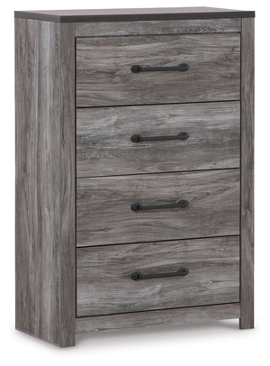 Alluring smoky gray hues create an ambiance that just feels right. This 4-drawer chest has a charming wood-like appeal enriched by a two-tone, textured look. Light neutral shades contrasted by a dark charcoal finish bring a refined yet relaxed feel to con
