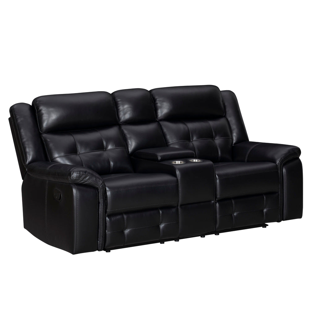 Meet Clayton, the ideal loveseat that perfectly combines comfort and practicality. This loveseat is perfect for any evening with its manual recline feature and a convenient console equipped with cupholders. The inherently cleanable faux leather makes main