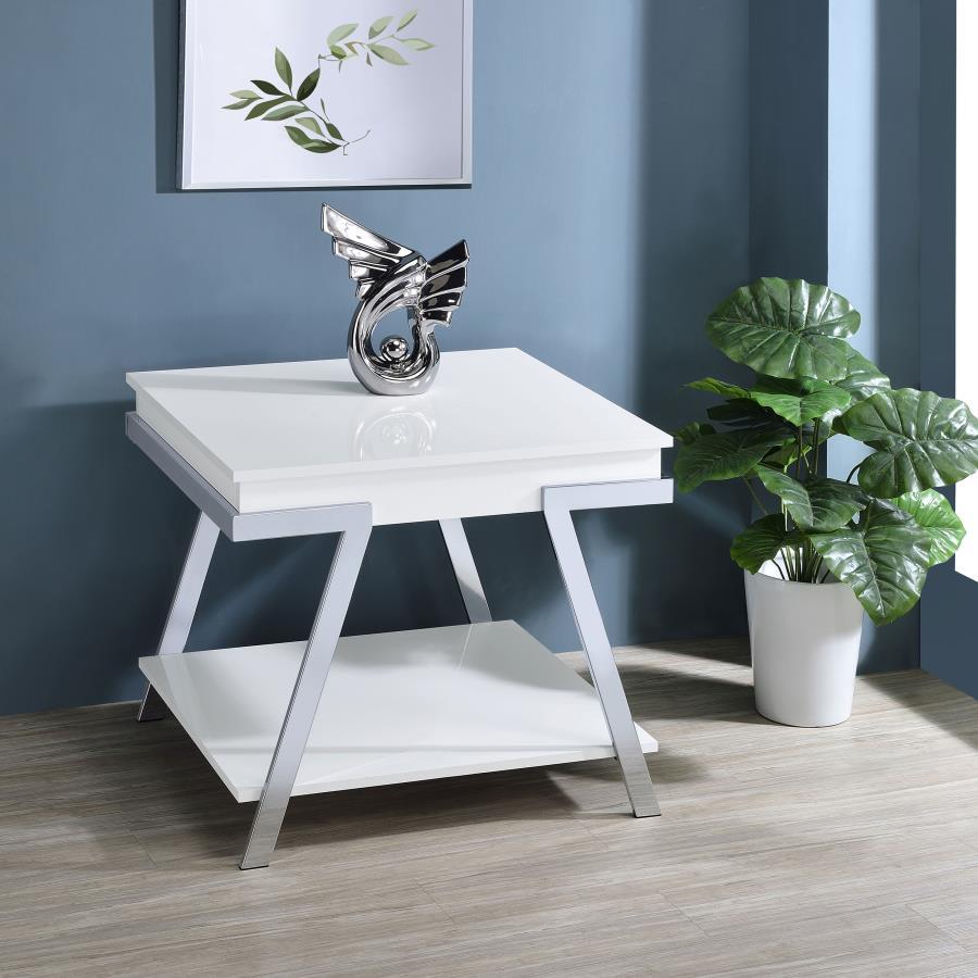 Go full-on modern with a casual feel that delivers a surprising energetic boost. This ultra-contemporary end table made of white high gloss finish MDF with paper coating creates a stir in your laid-back living room or family room. Angular metal framing ad