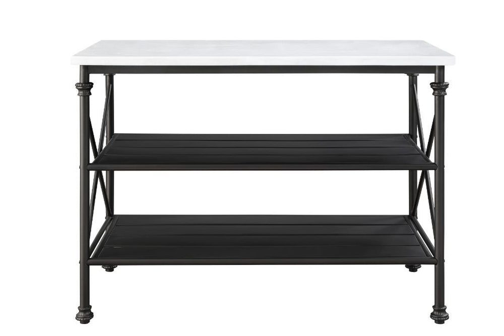 Minimalistic design paired with clean, simple color. The Brahm Kitchen Island gives off a light and airy feel to a compact cooking space. Clean-lined metal frame is topped with a artificial stone top, creating a sleek, modern silhouette that gives your ki