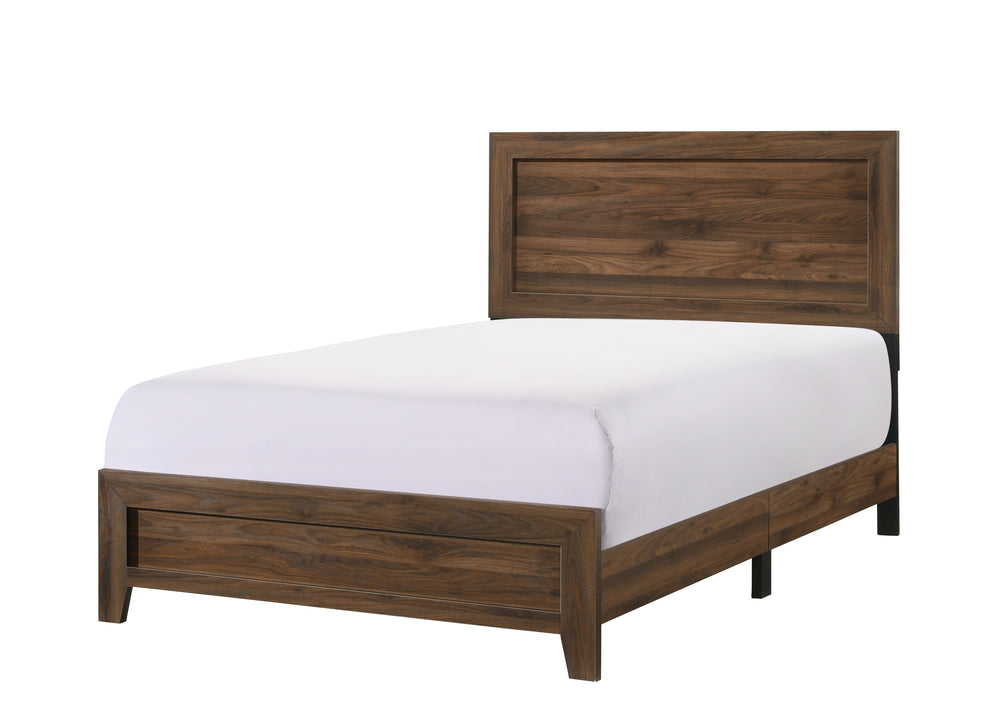 This bedroom set offers a minimalist design with a nod to rustic aesthetics, perfect for creating a serene and uncluttered space. The straightforward lines of the bed frame, combined with the rich wood finish, exude a sense of calm and earthiness. The acc