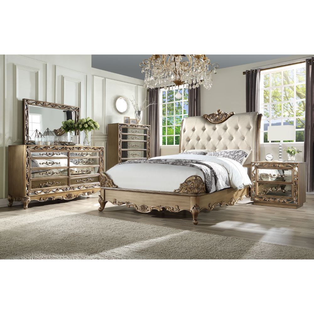 8 Drw â€¢ Vintage Mirror Fronts with Raised Scrolled Floral Inlays (Drawer Front, Case Trim) â€¢ Drawer: Glide Side Metal (Full Ext.), Dovetail French Front & English Back, Felt-Lined Top Drawer, Safety Stop Included, Self-Close, Hardware: Single Drawer K