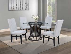 Bring contemporary elegance to your dining area with this stunning dining set, combining sleek design with timeless sophistication. The centerpiece is a striking glass-top table, featuring a sculptural black metal base that adds an artistic flair and a se
