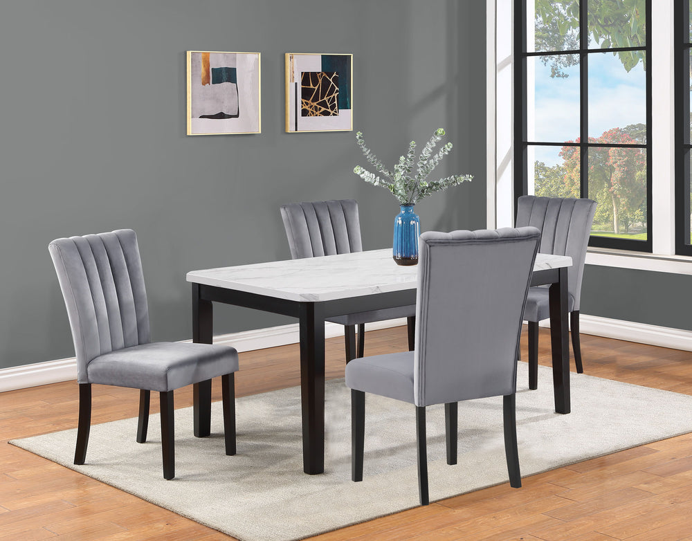 Elevate your dining space with this luxurious and modern dining group, designed to bring elegance and sophistication to every meal. The stunning faux-marble tabletop offers a sleek and polished look, beautifully complemented by the bold, black frame for a